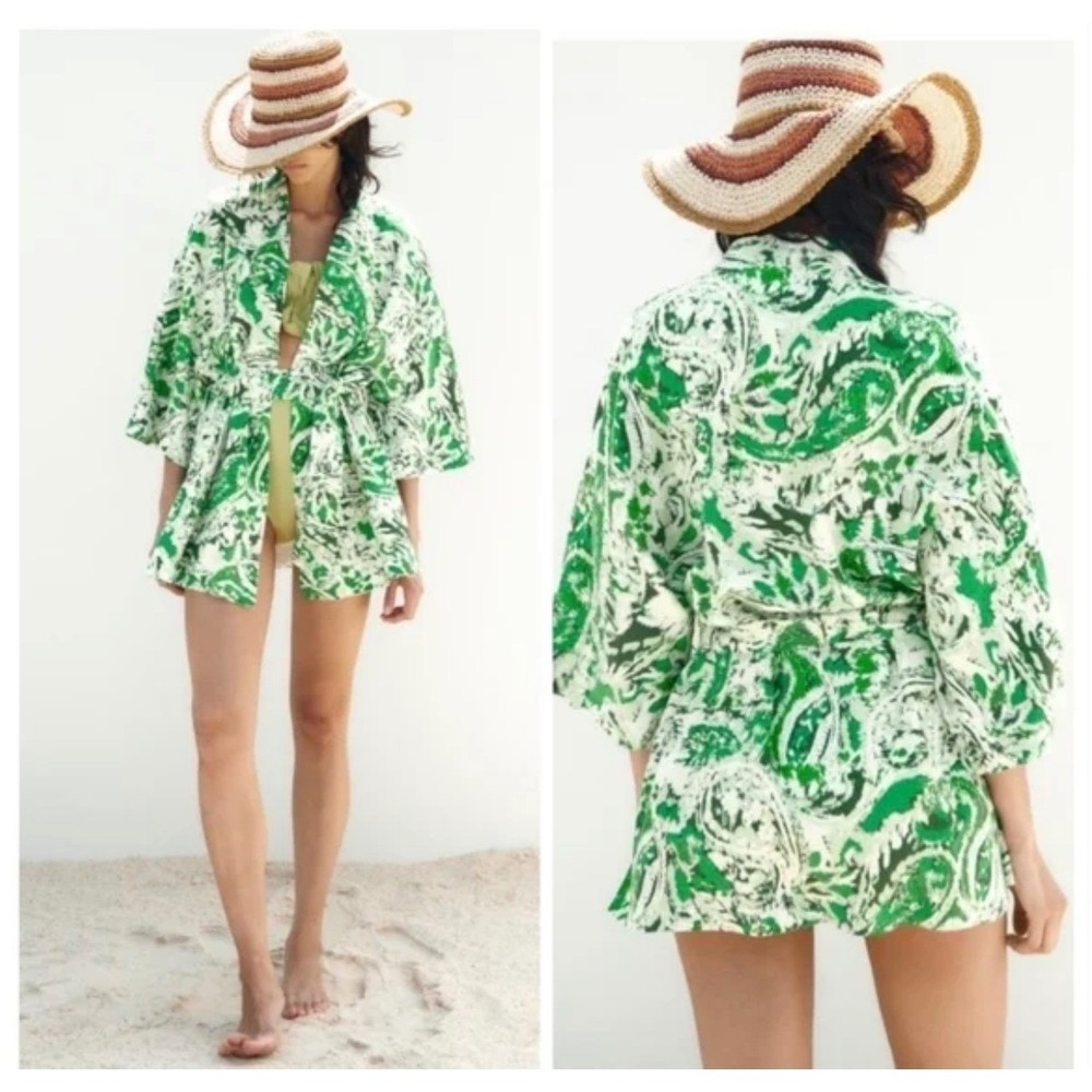 Zara Green Abstract Print Linen Blend Belted Kimono Jacket M-L NWT‎